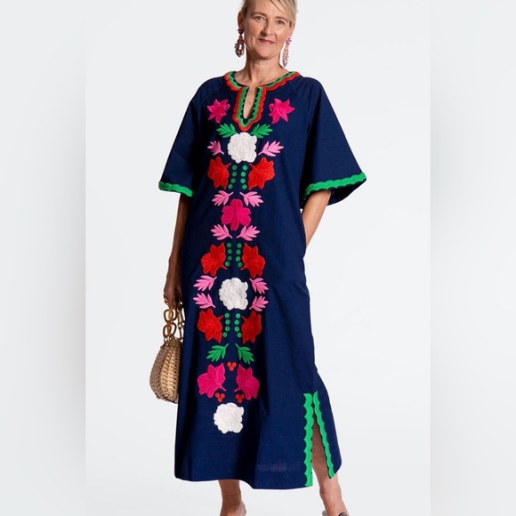 Frances Valentine Dresses & Skirts - FRANCES VALENTINE Caftan joy Embroidery Dress Navy Pink  Green NWT
